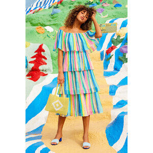 Lulus Gala Ready Multi Stripe Print Off-the-shoulder Ruffle Midi Dress Pink